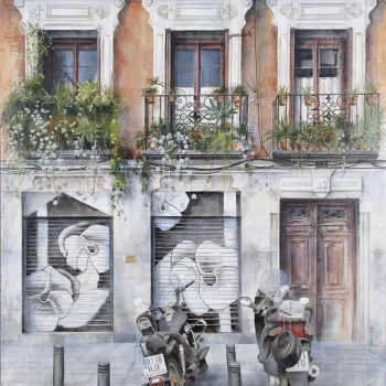 Grafitis en byn, calle Colón 146x114cm. oleo collage fotografico lienzo